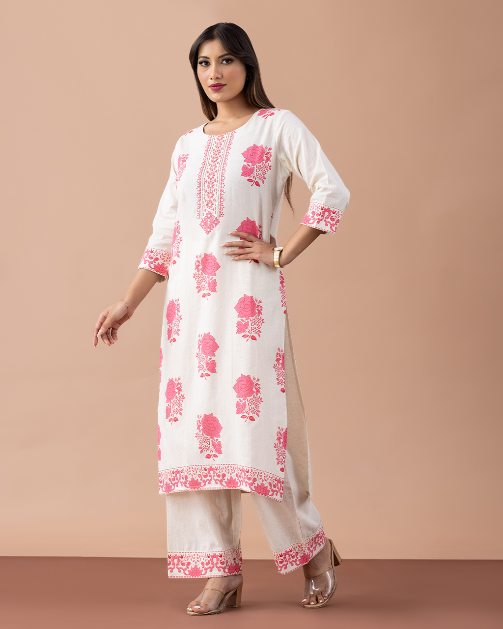 Off White with Floral Pink Printed Suit