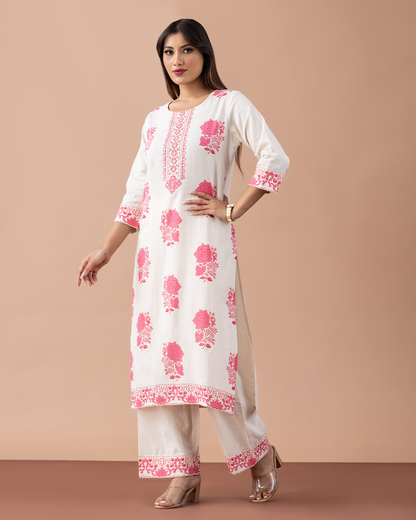 Off White with Floral Pink Printed Suit - Set of 2