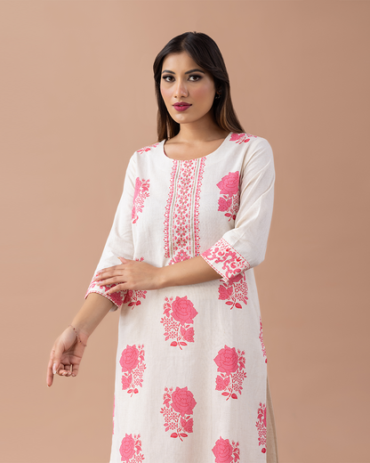 Off White with Floral Pink Printed Suit - Set of 2