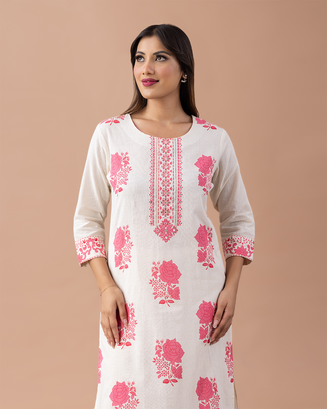 Off White with Floral Pink Printed Suit - Set of 2
