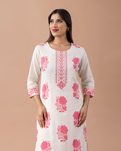 Off White with Floral Pink Printed Suit - Set of 2