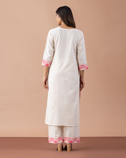 Off White with Floral Pink Printed Suit - Set of 2