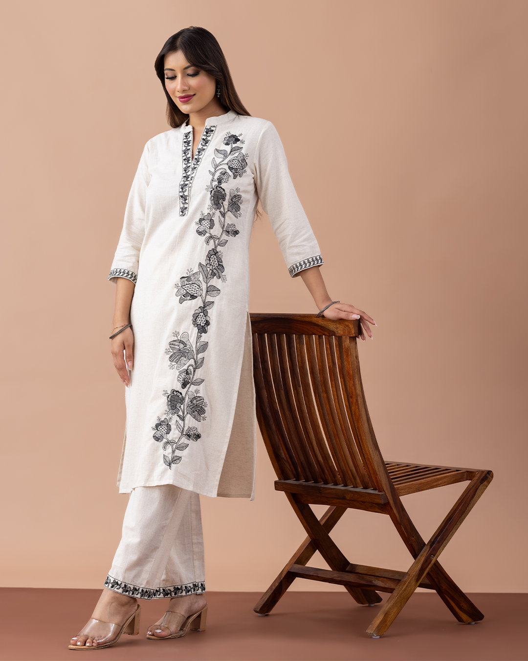 Off White with Black Embroidery Suit