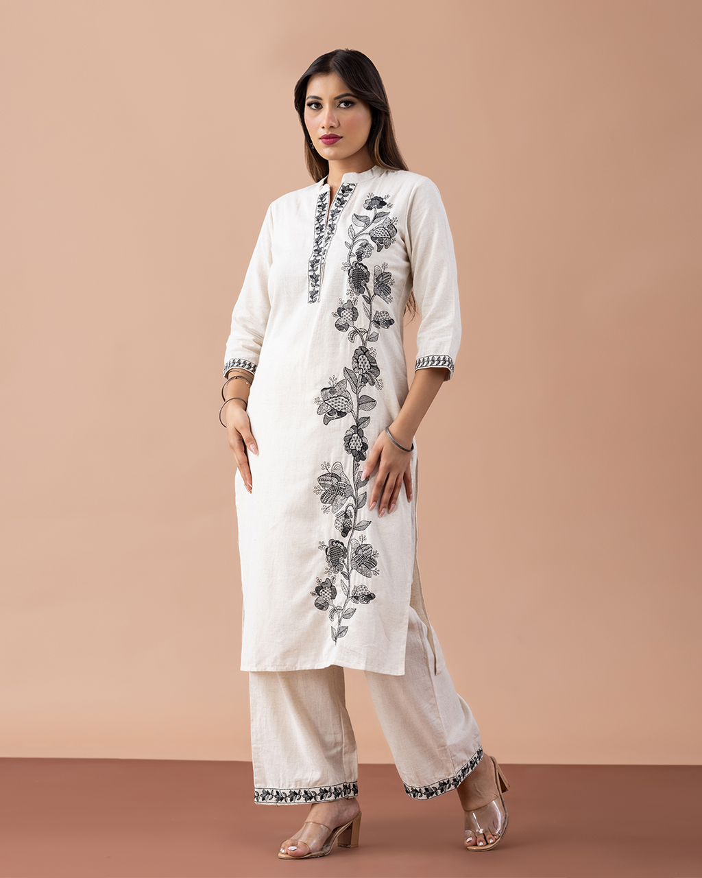 Off White with Black Embroidery Suit