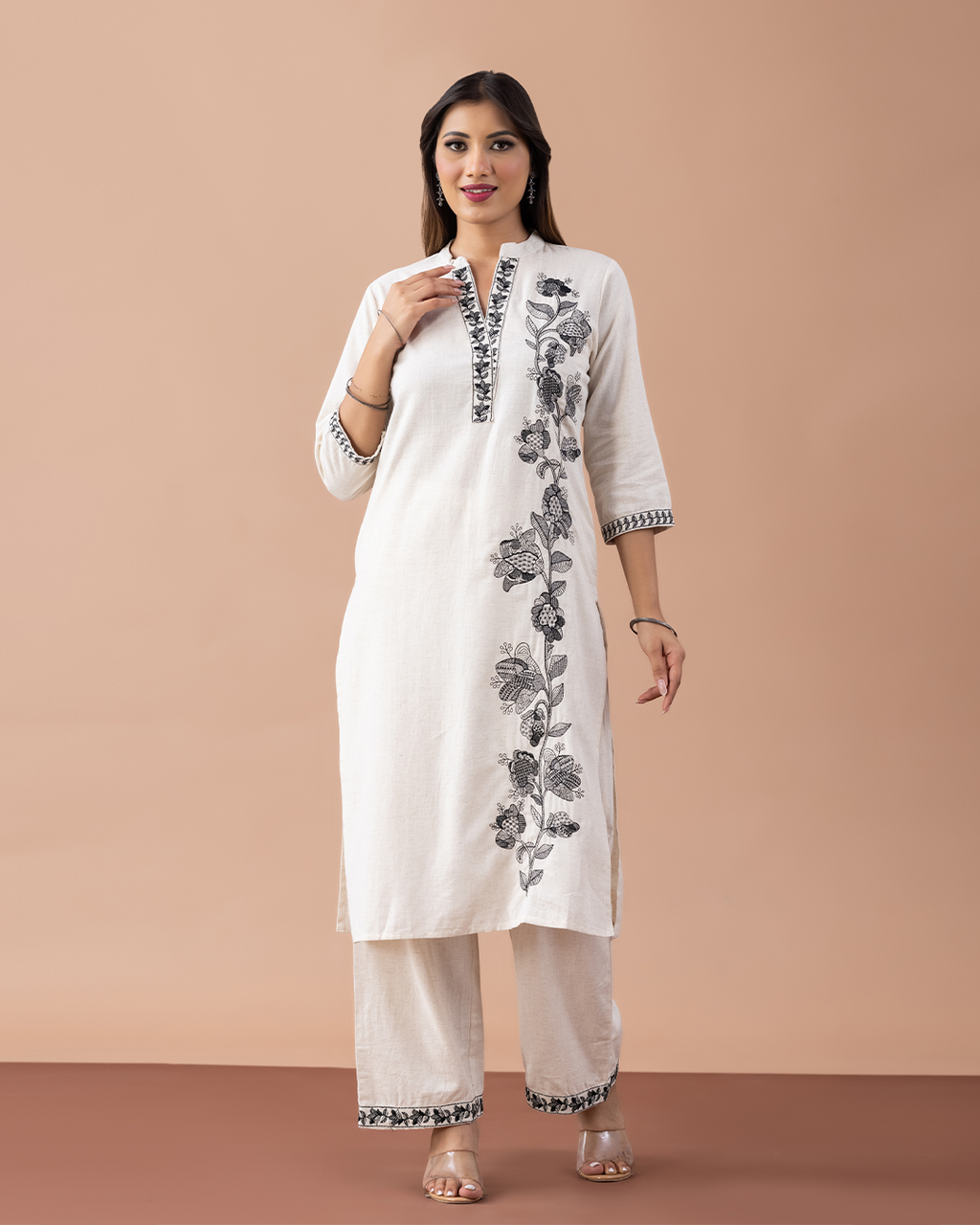 Off White with Black Embroidery Suit