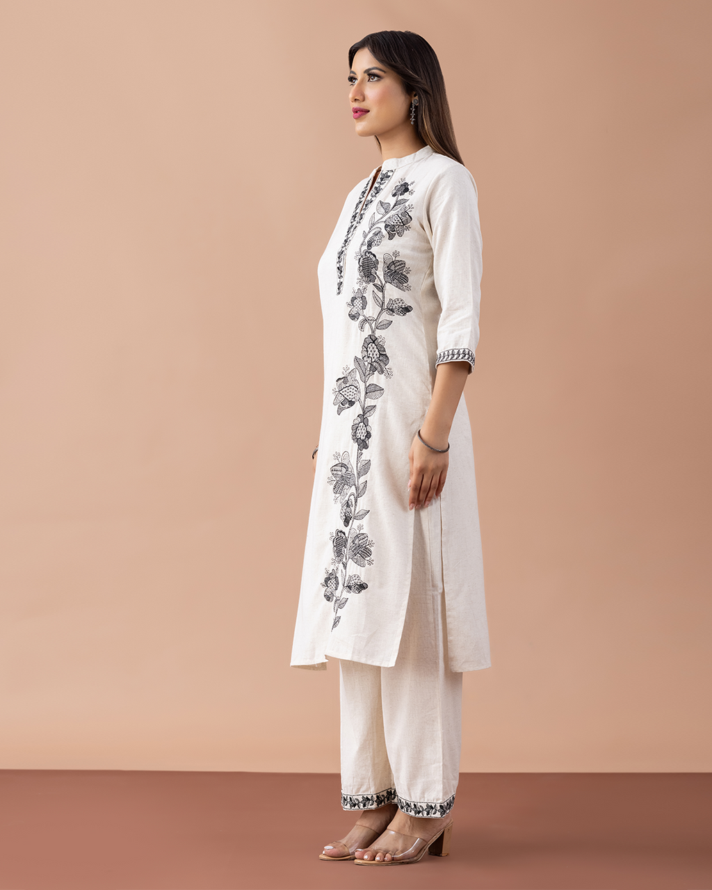 Off White with Black Embroidery Suit