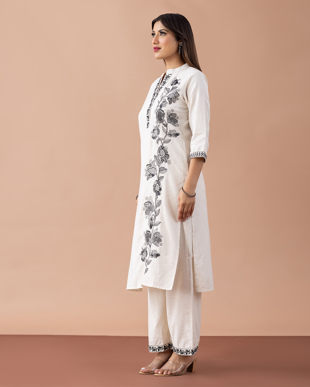 Off White with Black Embroidery Suit
