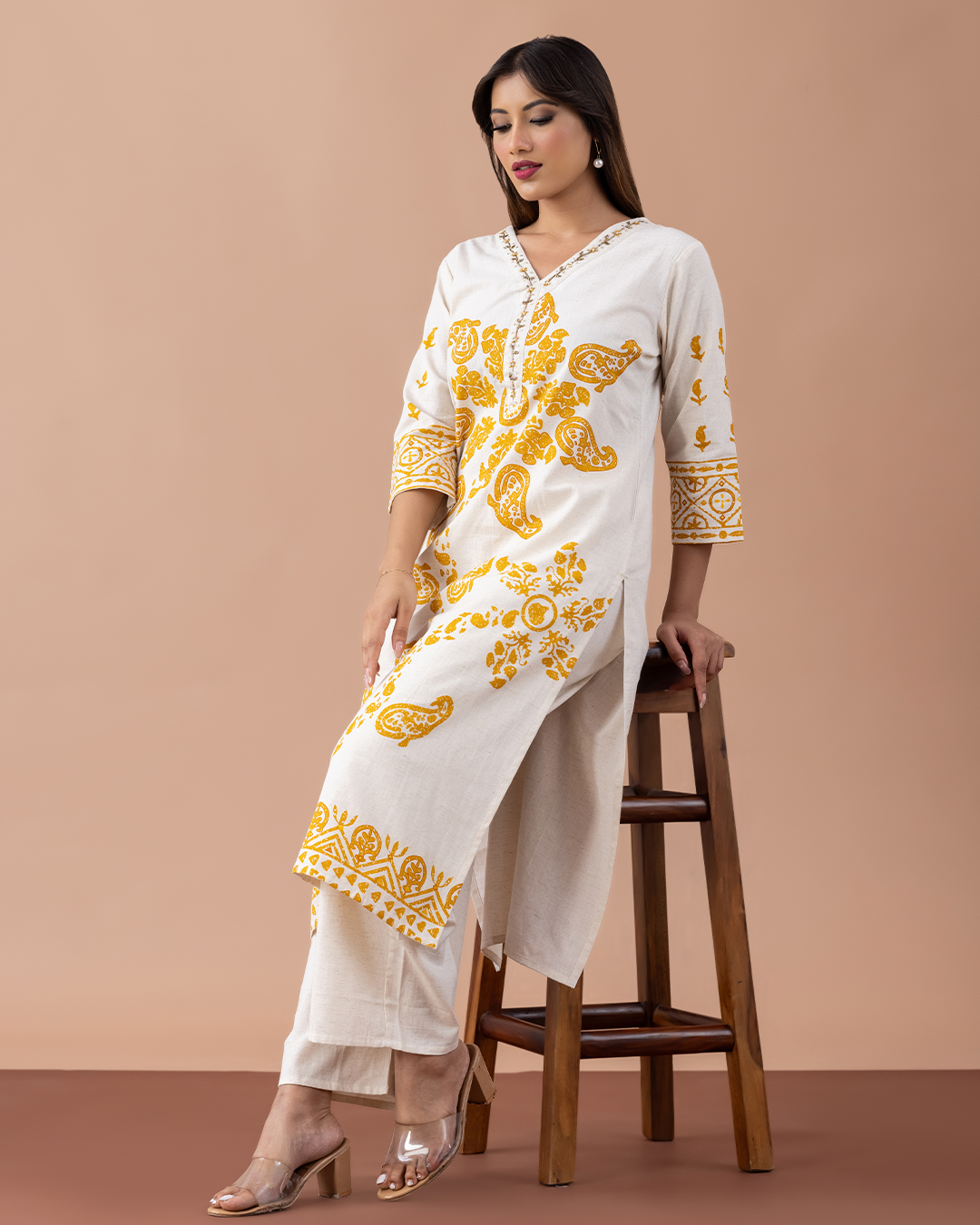 Off-White and Yellow Printed Kurta with Sequins Work