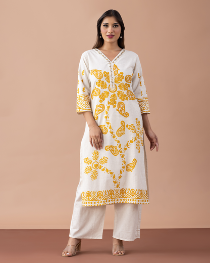 Off-White and Yellow Printed Kurta with Sequins Work