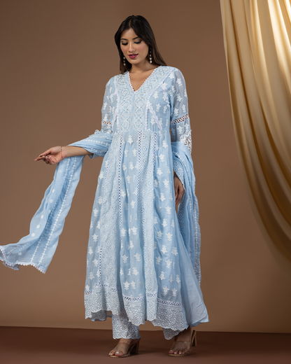 Powder Blue Mul Cotton Anarkali Suit - Set of 3