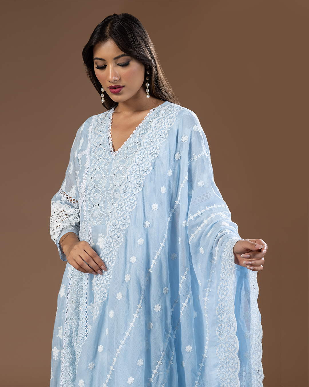 Powder Blue Mul Cotton Anarkali Suit - Set of 3