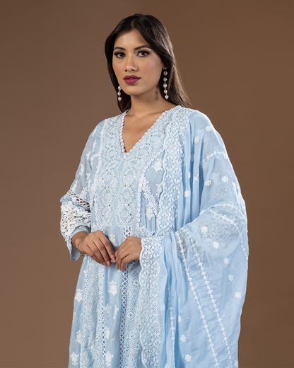 Powder Blue Mul Cotton Anarkali Suit - Set of 3