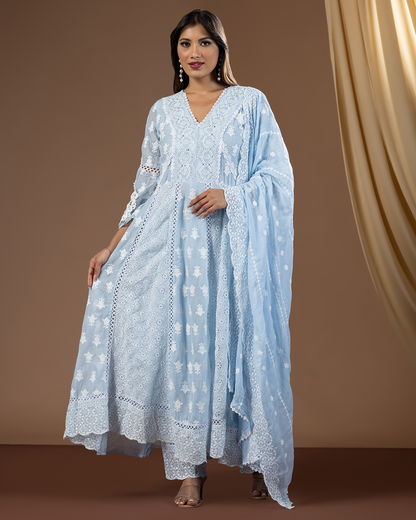 Powder Blue Mul Cotton Anarkali Suit - Set of 3