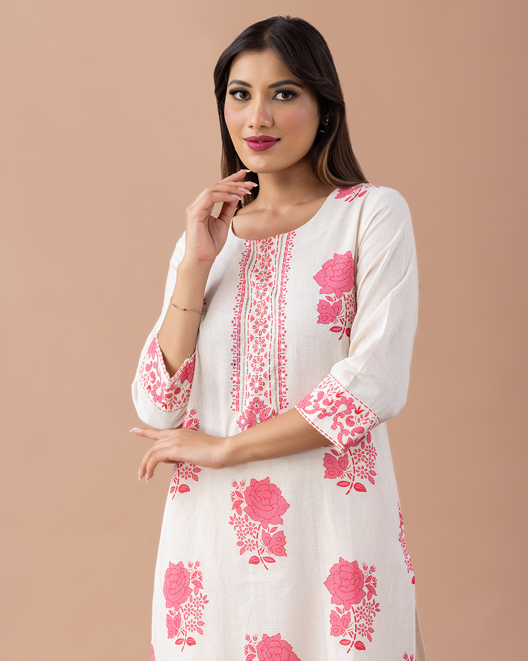 Off White with Floral Pink Printed Suit - Set of 2