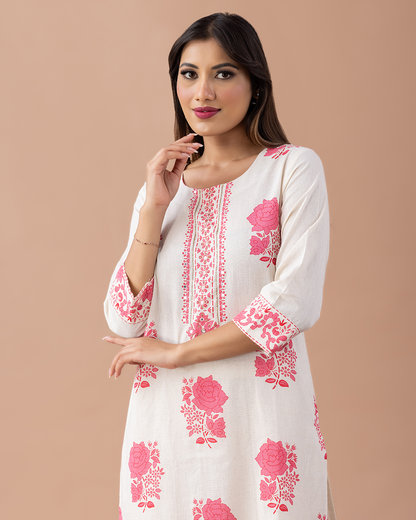 Off White with Floral Pink Printed Suit - Set of 2