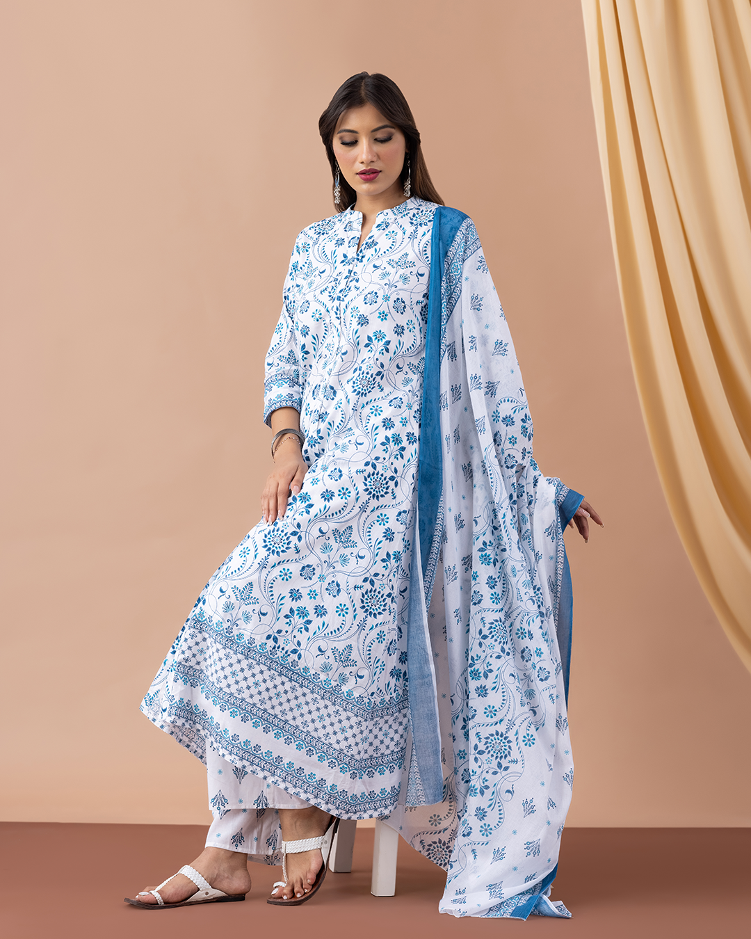 Blue & White Cotton Suit Set - Set of 3