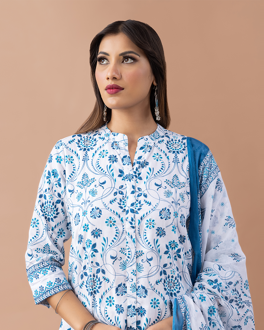 Blue & White Cotton Suit Set