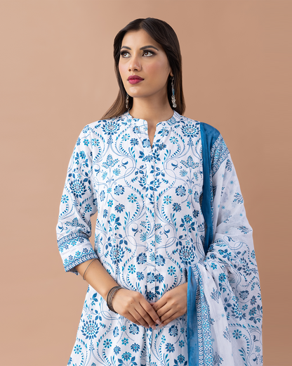 Blue & White Cotton Suit Set - Set of 3