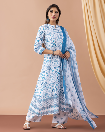 Blue & White Cotton Suit Set - Set of 3