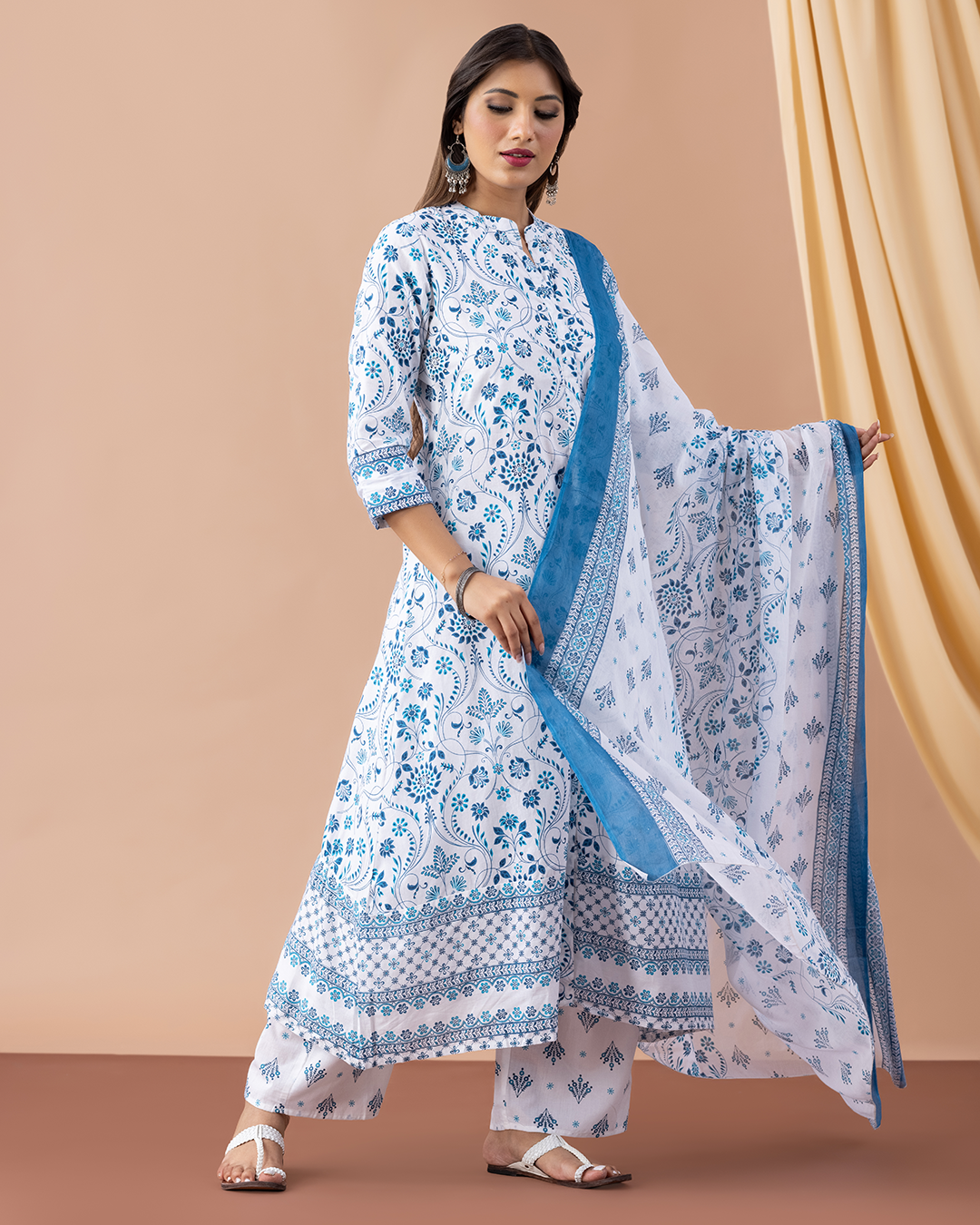 Blue & White Cotton Suit Set - Set of 3