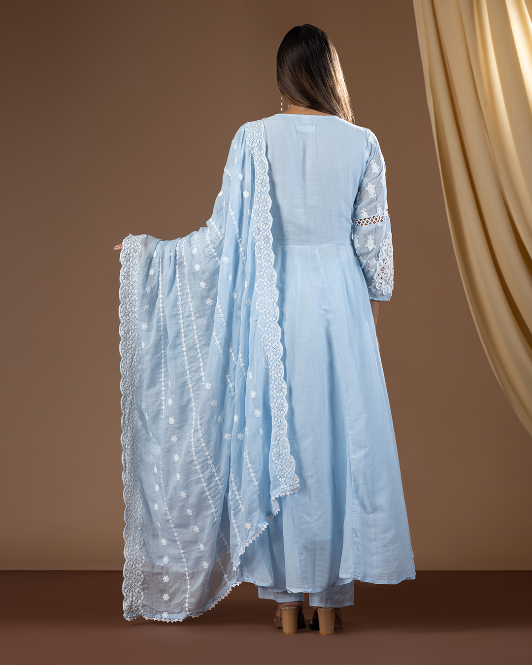 Powder Blue Mul Cotton Anarkali Suit - Set of 3