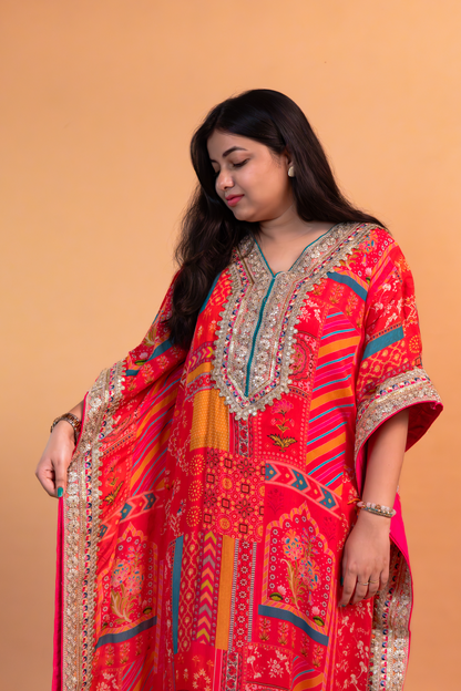 Red/Pink Multicolor Chinnon Kaftan with Dhoti -Set of 2