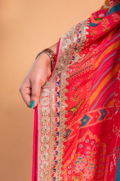Red/Pink Multicolor Chinnon Kaftan with Dhoti -Set of 2