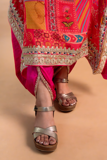 Red/Pink Multicolor Chinnon Kaftan with Dhoti -Set of 2