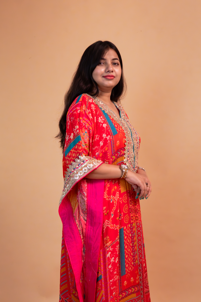 Red/Pink Multicolor Chinnon Kaftan with Dhoti -Set of 2