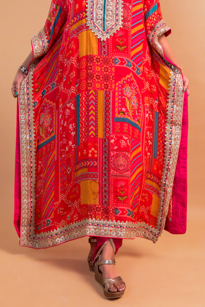 Red/Pink Multicolor Chinnon Kaftan with Dhoti -Set of 2