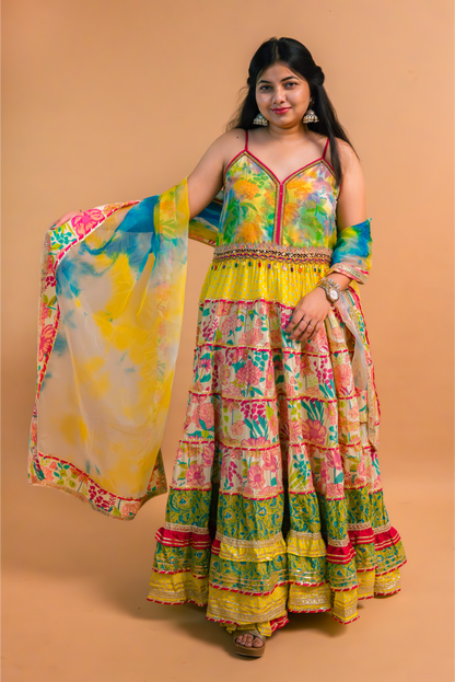 Multicolor Floral Printed Cotton Anarkali Gown with Sharara and Dupatta – Set of 3