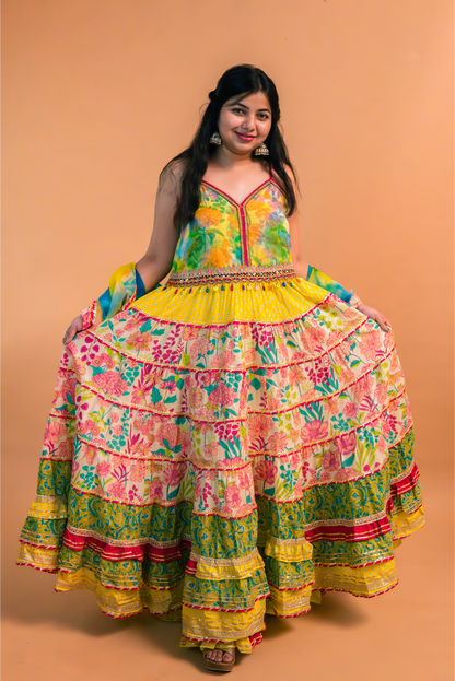 Multicolor Floral Printed Cotton Anarkali Gown with Sharara and Dupatta – Set of 3
