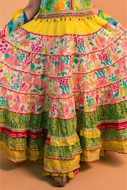 Multicolor Floral Printed Cotton Anarkali Gown with Sharara and Dupatta – Set of 3