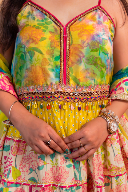 Multicolor Floral Printed Cotton Anarkali Gown with Sharara and Dupatta – Set of 3