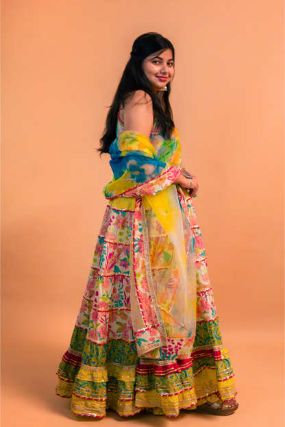 Multicolor Floral Printed Cotton Anarkali Gown with Sharara and Dupatta – Set of 3