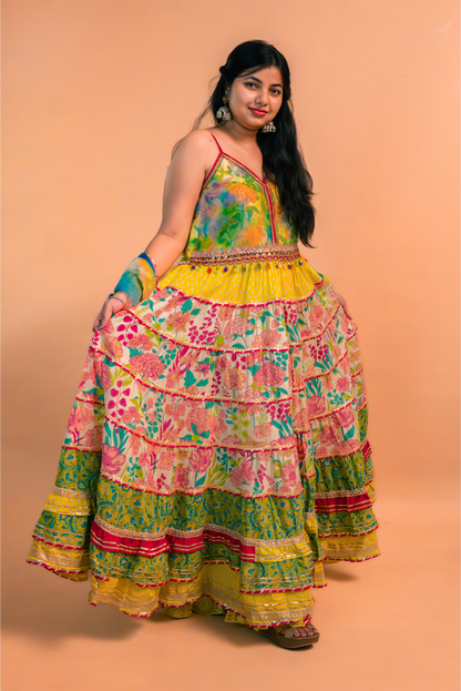 Multicolor Floral Printed Cotton Anarkali Gown with Sharara and Dupatta – Set of 3