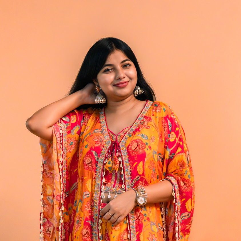 Orange Crape Crop Top with Cape & Sharara-Set of 3