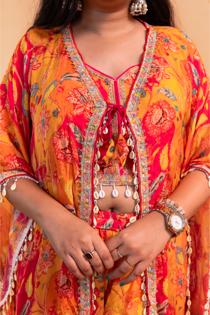 Orange Crape Crop Top with Cape & Sharara-Set of 3