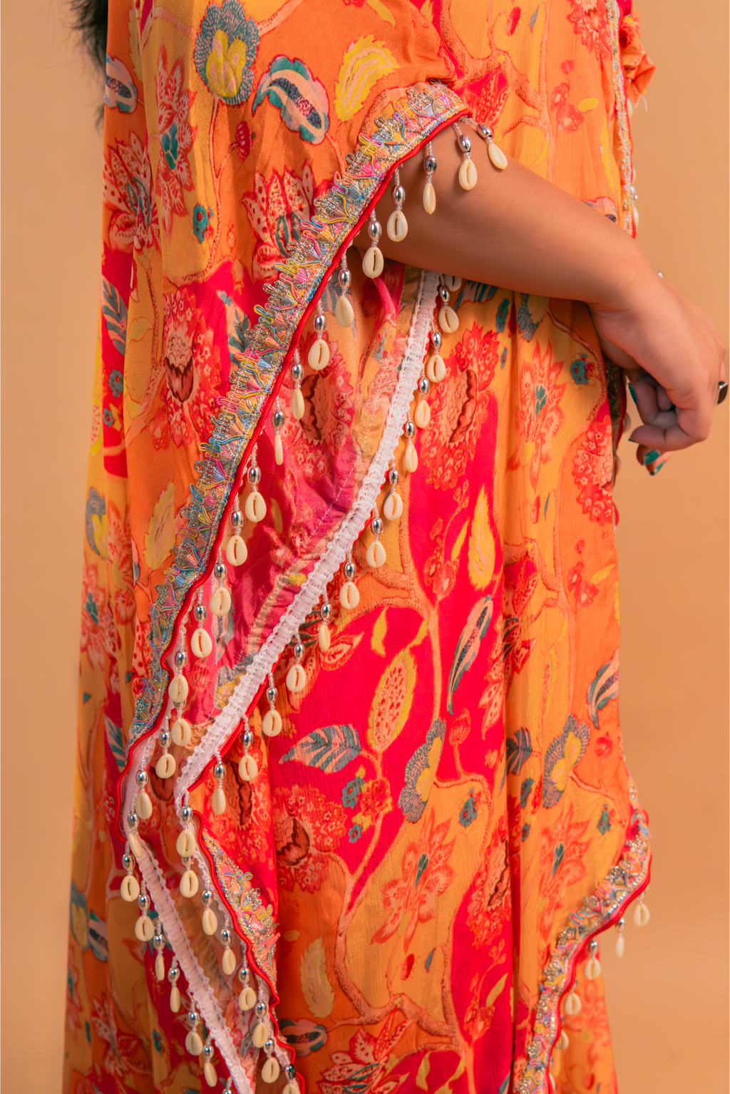 Orange Crape Crop Top with Cape & Sharara-Set of 3