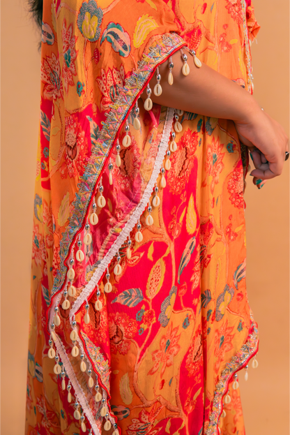 Orange Crape Crop Top with Cape & Sharara-Set of 3