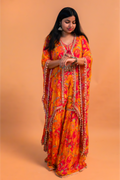 Orange Crape Crop Top with Cape & Sharara-Set of 3