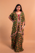 Green Crepe Crop Top with Cape & Sharara-Set of 3