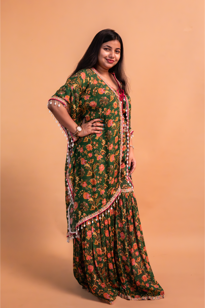 Green Crepe Crop Top with Cape & Sharara-Set of 3