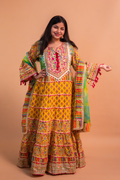 Yellow Cotton Print Anarkali Gown with Multicolor Organza Dupatta-Set of 2