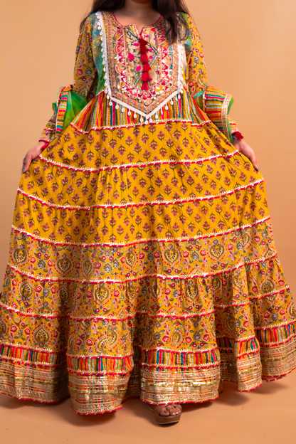 Yellow Cotton Print Anarkali Gown with Multicolor Organza Dupatta-Set of 2
