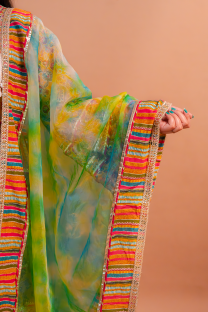 Yellow Cotton Print Anarkali Gown with Multicolor Organza Dupatta-Set of 2