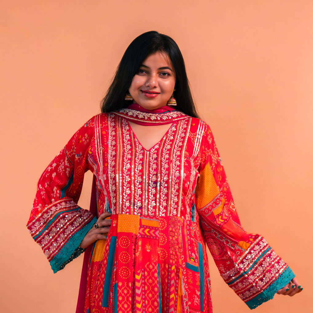 Red/Pink Multicolor Chinnon Suit - Set of 3
