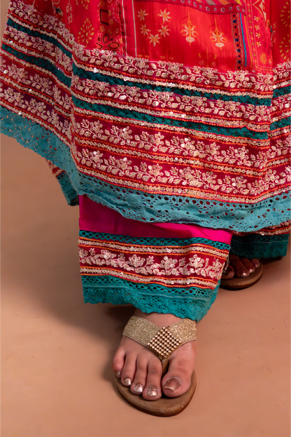 Red/Pink Multicolor Chinnon Suit - Set of 3