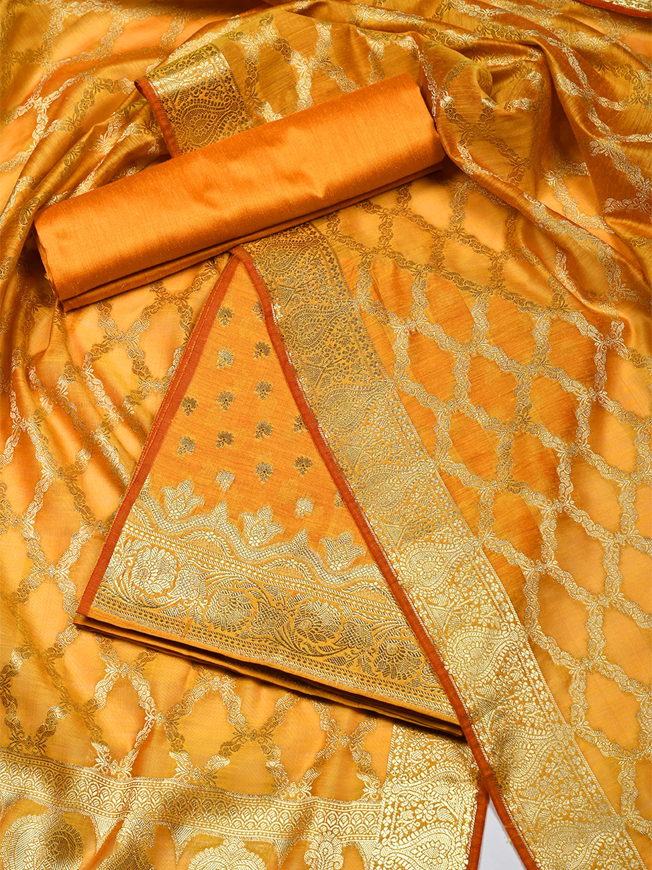Mustard Yellow Banarasi Chanderi Silk Unstitched Salwar Suit Dress Material with Woven Zari Dupatta