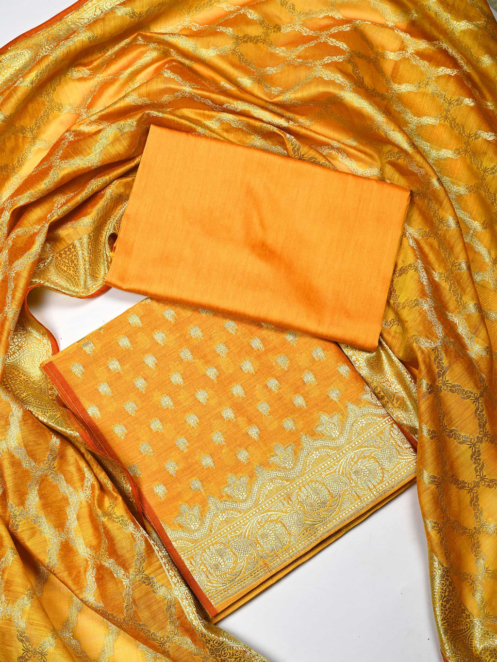 Mustard Yellow Banarasi Chanderi Silk Unstitched Salwar Suit Dress Material with Woven Zari Dupatta